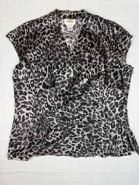 Talbots Black and Gray Leopard Print Silk Blouse 16 READ